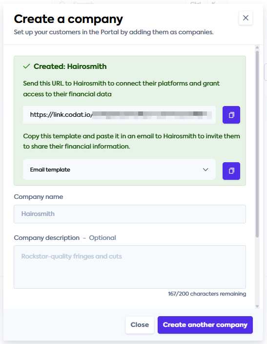 An image of the Create a company window with a success message saying Hairosmith has been created. The screen displays options to copy a Link URL, copy an email template, and create another company.